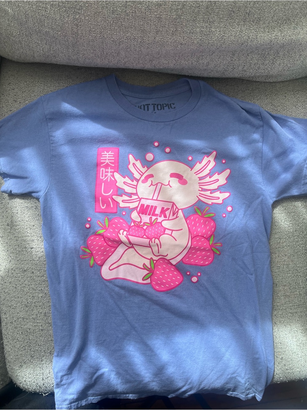 Hot Topic Blue Tee with Pink Axolotl & Strawberry Graphic